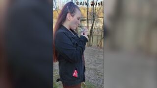 Opening a new pack and smoking by the water in a dress and jean jacket - porn video